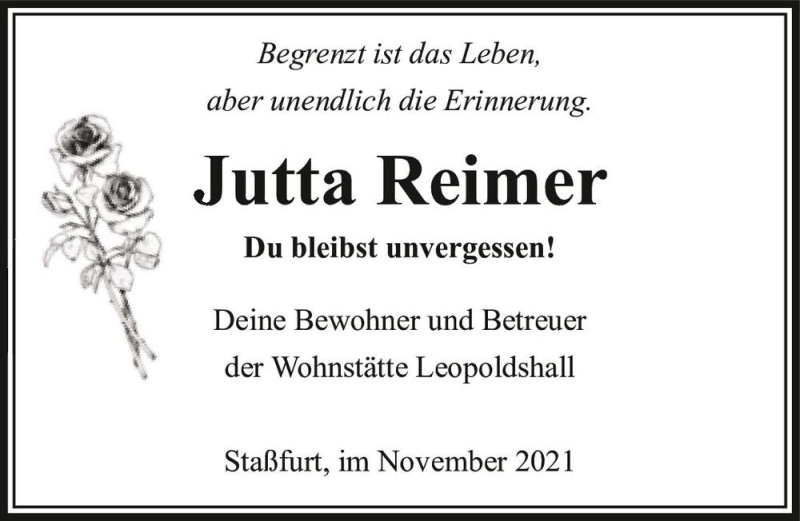  Traueranzeige für Jutta Reimer  vom 20.11.2021 aus Magdeburger Volksstimme
