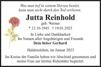 Traueranzeige von Jutta Reinhold (geb. Werner)  von Magdeburger Volksstimme