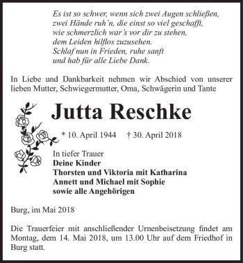Traueranzeige von Jutta Reschke  von Magdeburger Volksstimme