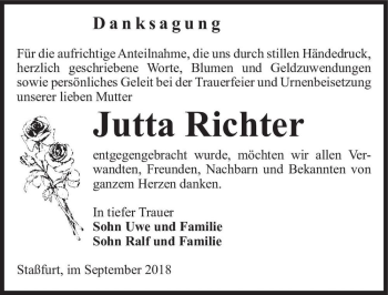 Traueranzeige von Jutta Richter  von Magdeburger Volksstimme
