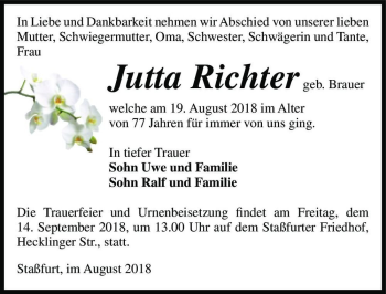Traueranzeige von Jutta Richter (geb. Brauer)  von Magdeburger Volksstimme