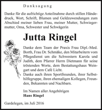 Traueranzeige von Jutta Ringel  von Magdeburger Volksstimme