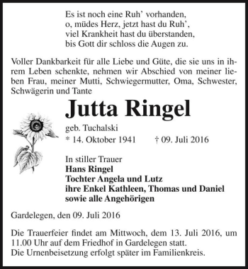 Traueranzeige von Jutta Ringel (geb. Tuchalski)  von Magdeburger Volksstimme