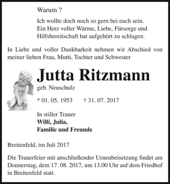 Traueranzeige von Jutta Ritzmann (geb. Neuschulz)  von Magdeburger Volksstimme