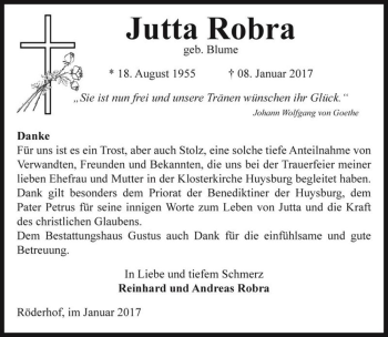 Traueranzeige von Jutta Robra (geb. Blume)  von Magdeburger Volksstimme