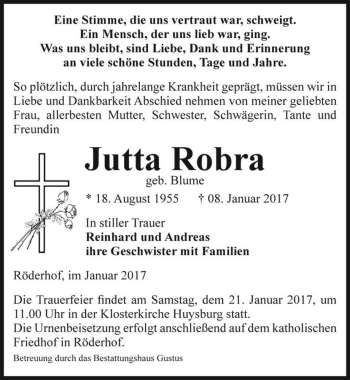 Traueranzeige von Jutta Robra (geb. Blume)  von Magdeburger Volksstimme