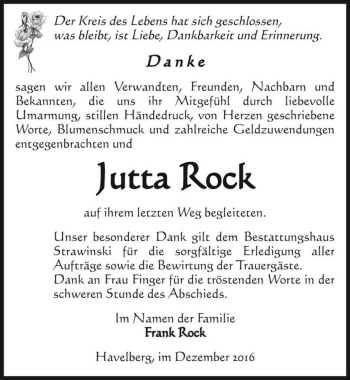 Traueranzeige von Jutta Rock  von Magdeburger Volksstimme
