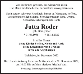 Traueranzeige von Jutta Roder (geb. Borngräber)  von Magdeburger Volksstimme