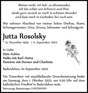 Traueranzeige von Jutta Rosolsky  von Magdeburger Volksstimme