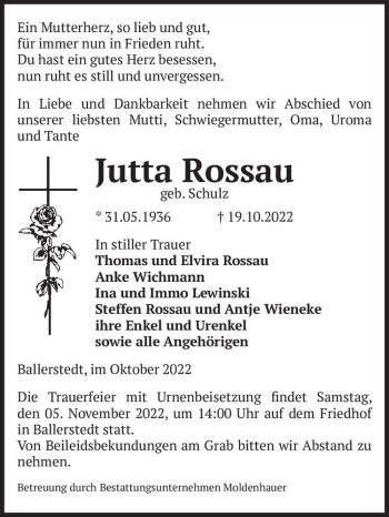 Traueranzeige von Jutta Rossau (geb. Schulz)  von Magdeburger Volksstimme