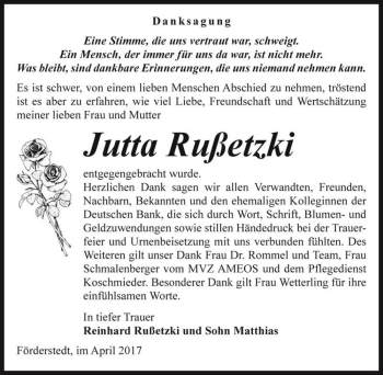 Traueranzeige von Jutta Rußetzki  von Magdeburger Volksstimme