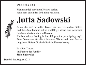 Traueranzeige von Jutta Sadowski  von Magdeburger Volksstimme