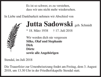 Traueranzeige von Jutta Sadowski (geb. Schmidt)  von Magdeburger Volksstimme