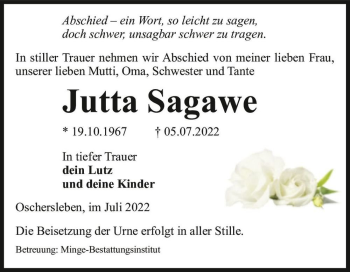 Traueranzeige von Jutta Sagawe  von Magdeburger Volksstimme