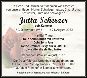 Traueranzeige von Jutta Scherzer (geb. Kummer)  von Magdeburger Volksstimme