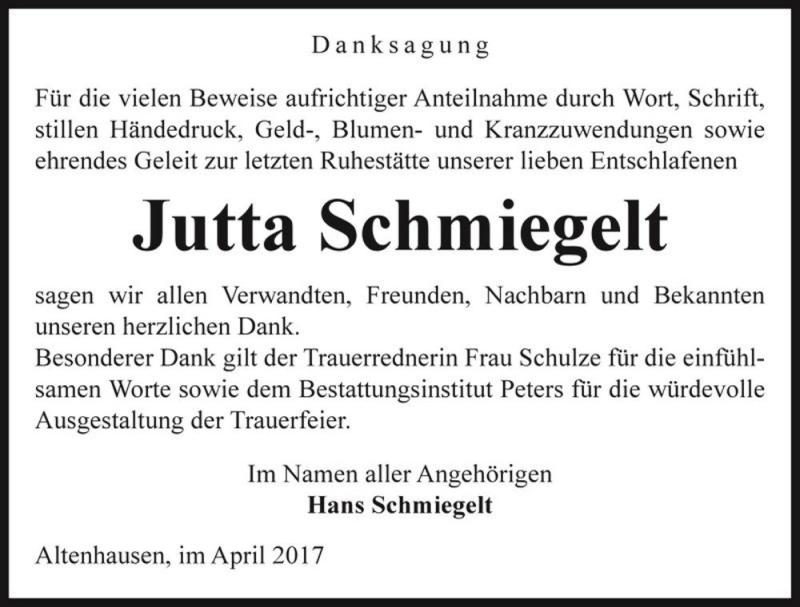  Traueranzeige für Jutta Schmiegelt  vom 20.04.2017 aus Magdeburger Volksstimme