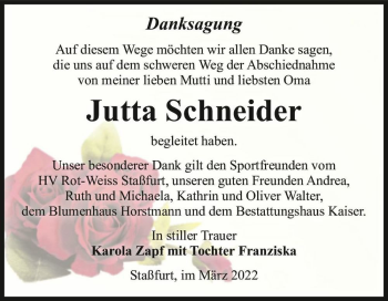 Traueranzeige von Jutta Schneider  von Magdeburger Volksstimme