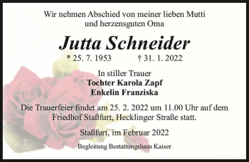 Traueranzeige von Jutta Schneider  von Magdeburger Volksstimme