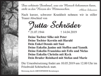 Traueranzeige von Jutta Schröder  von Magdeburger Volksstimme