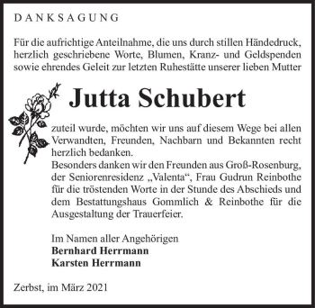 Traueranzeige von Jutta Schubert  von Magdeburger Volksstimme