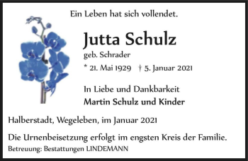 Traueranzeige von Jutta Schulz (geb. Schrader)  von Magdeburger Volksstimme