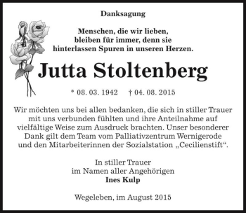 Traueranzeige von Jutta Stoltenberg  von Magdeburger Volksstimme