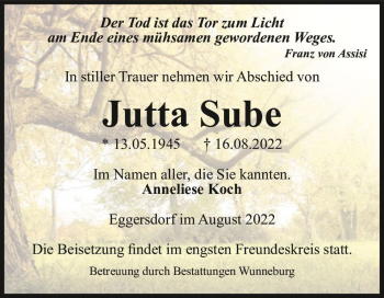 Traueranzeige von Jutta Sube  von Magdeburger Volksstimme