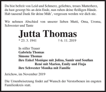 Traueranzeige von Jutta Thomas  von Magdeburger Volksstimme