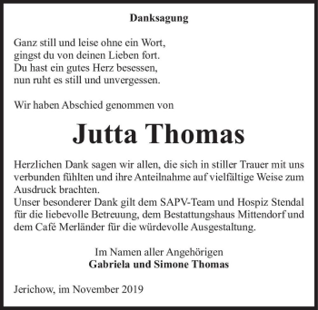 Traueranzeige von Jutta Thomas  von Magdeburger Volksstimme