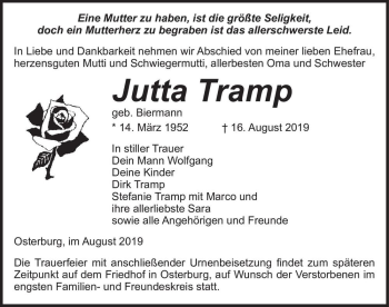Traueranzeige von Jutta Tramp (geb. Biermann)  von Magdeburger Volksstimme
