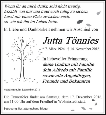 Traueranzeige von Jutta Tönnies  von Magdeburger Volksstimme