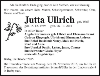 Traueranzeige von Jutta Ullrich (geb. Wolf)  von Magdeburger Volksstimme