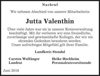 Traueranzeige von Jutta Valenthin  von Magdeburger Volksstimme