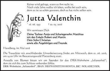 Traueranzeige von Jutta Valenthin  von Magdeburger Volksstimme