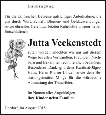 Traueranzeige von Jutta Veckenstedt  von Magdeburger Volksstimme