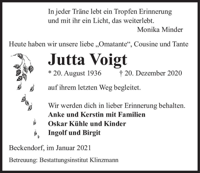  Traueranzeige für Jutta Voigt  vom 23.01.2021 aus Magdeburger Volksstimme