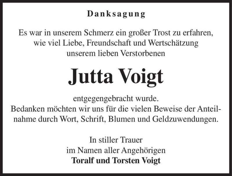  Traueranzeige für Jutta Voigt  vom 29.05.2021 aus Magdeburger Volksstimme