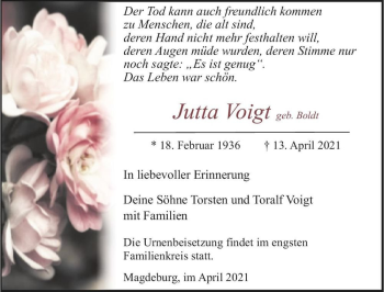Traueranzeige von Jutta Voigt (geb. Boldt)  von Magdeburger Volksstimme