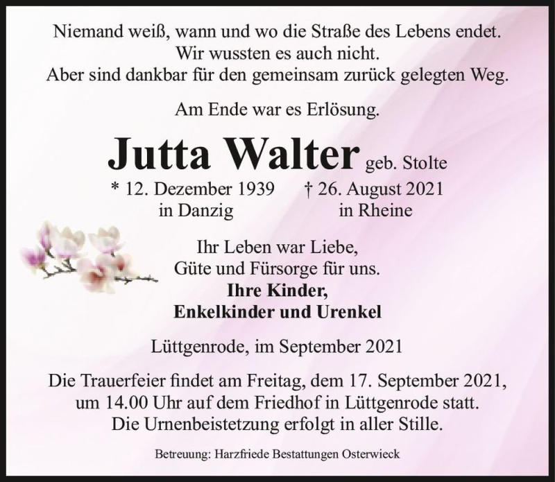  Traueranzeige für Jutta Walter (geb. Stolte)  vom 07.09.2021 aus Magdeburger Volksstimme