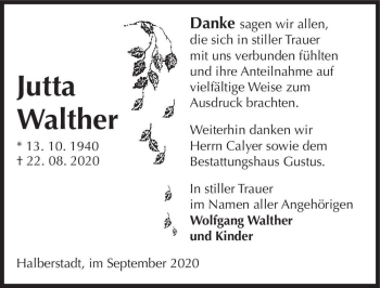 Traueranzeige von Jutta Walther  von Magdeburger Volksstimme