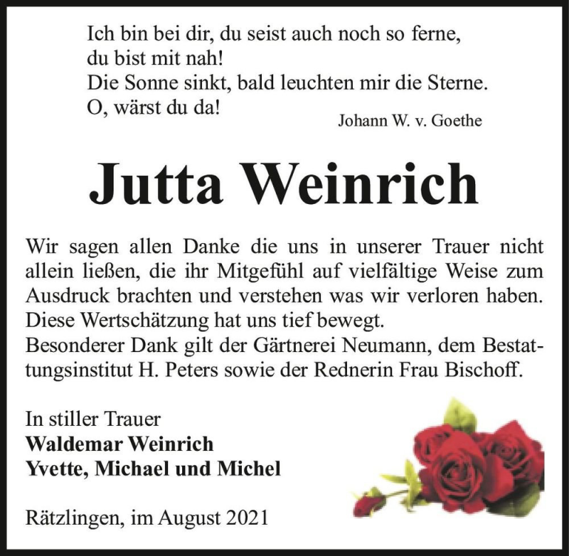  Traueranzeige für Jutta Weinrich  vom 07.08.2021 aus Magdeburger Volksstimme