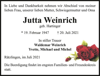 Traueranzeige von Jutta Weinrich (geb. Hartinger)  von Magdeburger Volksstimme