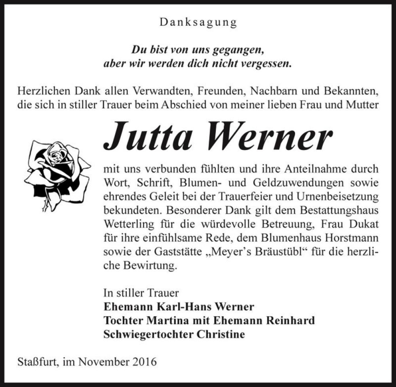  Traueranzeige für Jutta Werner  vom 03.12.2016 aus Magdeburger Volksstimme