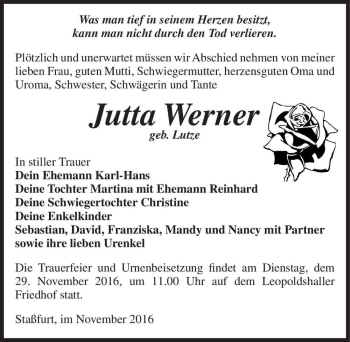 Traueranzeige von Jutta Werner (geb. Lutze)  von Magdeburger Volksstimme