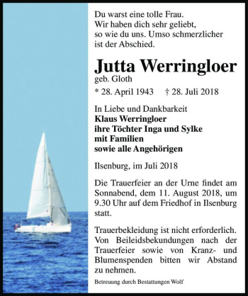 Traueranzeige von Jutta Werringloer (geb. Gloth)  von Magdeburger Volksstimme