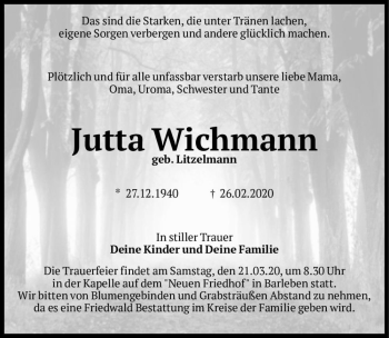 Traueranzeige von Jutta Wichmann (geb. Litzelmann)  von Magdeburger Volksstimme