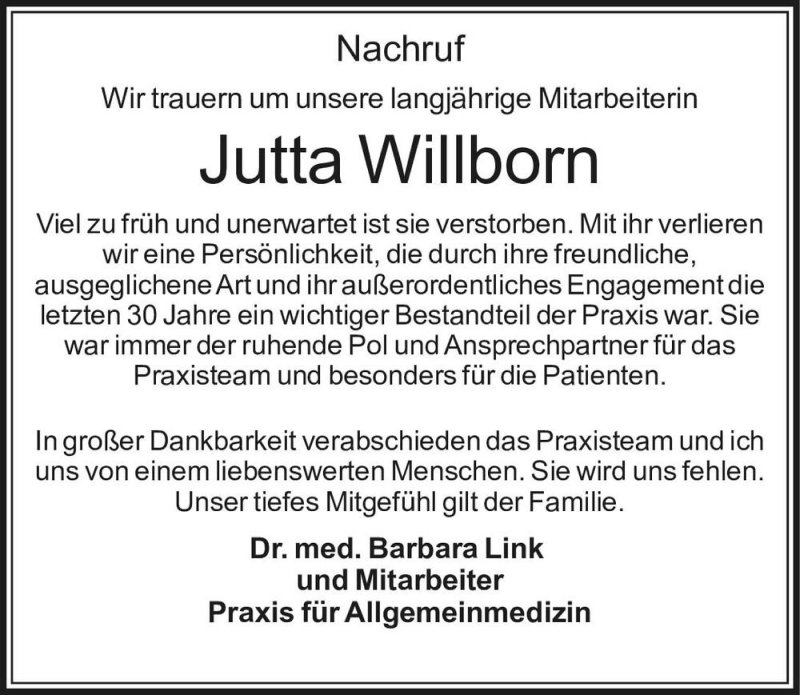  Traueranzeige für Jutta Willborn  vom 29.05.2021 aus Magdeburger Volksstimme