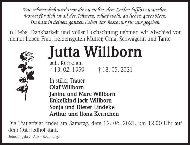  Traueranzeige für Jutta Willborn (geb. Kernchen)  vom 29.05.2021 aus Magdeburger Volksstimme