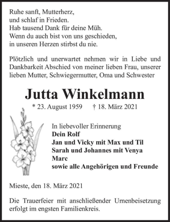 Traueranzeige von Jutta Winkelmann  von Magdeburger Volksstimme
