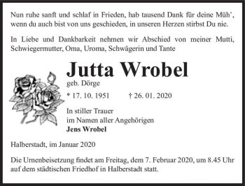 Traueranzeige von Jutta Wrobel (geb. Dörge)  von Magdeburger Volksstimme